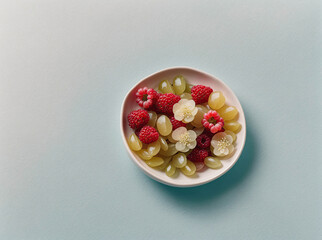 Wall Mural - A white plate with a variety of fruits including raspberries, grapes, and apples