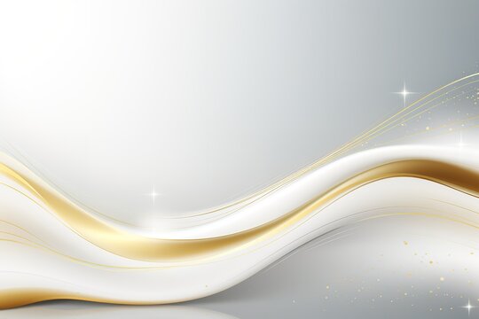 Elegant white and gold abstract background with wavy lines and sparkling highlights.