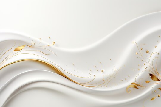 Elegant white background with golden swirls and dots.