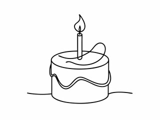 continuous single line drawing of birthday cake with candle on top, line art vector illustration
