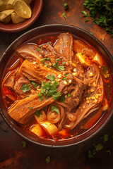 Wall Mural - vibrant mexican menudo with beef tripe, hominy, and a rich red chile broth garnished with fresh herbs