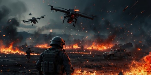 soldiers in a battlefield with drones and fire
