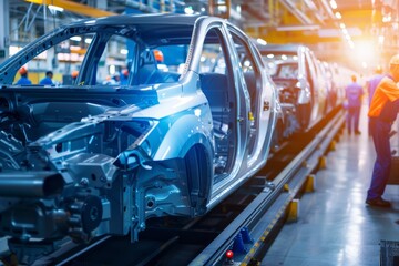 Wall Mural - Automotive Engineer Inspecting Car Panels on Modern Assembly Line in Bright Factory Setting