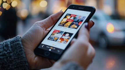 Woman Browsing Online Shopping on Smartphone at Night.