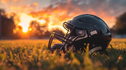 An American football helmet on the grass, serving as sports safety equipment on turf during 