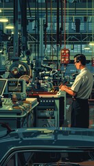 Wall Mural - Automobile Engineer Adjusting Settings on Control Panel in Car Factory Assembly Line