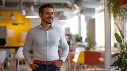 Sticker - Confident Leader, Bright Future: A portrait of a successful Hispanic businessman in a modern office, radiating positivity and vision. 