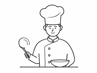 continuous single line drawing of chef with frying pan and spatula, line art vector illustration