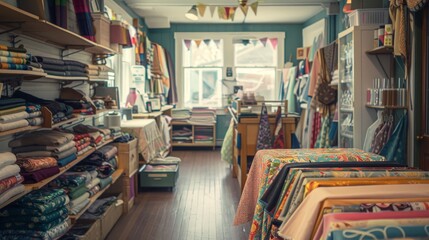 Poster - A small business sewing and fabric shop with materials, patterns, and sewing classes.