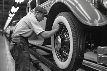 Wall Mural - Engineer Inspecting Car Wheel Alignment in Busy Automobile Factory Assembly Line