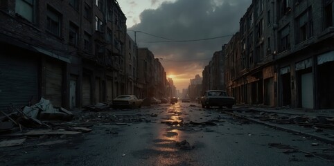 post-apocalyptic urban street with burning buildings and abandoned car
