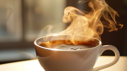 Canvas Print - A white cup of Americano coffee with steam rising from it.