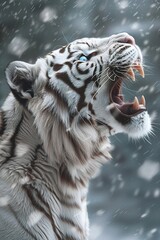 Canvas Print - A white tiger with a fierce expression and glowing blue eyes is captured in a three-quarter profile portrait from an extreme low angle. The fantasy photo shows it roaring in the snowy mountains.