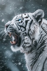 Sticker - A white tiger with a fierce expression and glowing blue eyes is captured in a three-quarter profile portrait from an extreme low angle. The fantasy photo shows it roaring in the snowy mountains.