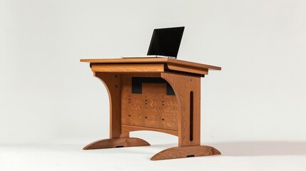 Poster - A wooden podium with a built-in laptop stand and cable management, designed for modern, tech-savvy presentations