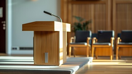 Sticker - A wooden podium with built-in storage shelves, keeping essential items close at hand for organized and efficient presentations.