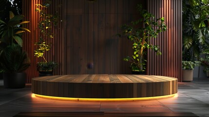 Sticker - A wooden podium with integrated lighting, enhancing visibility and focus for speakers during evening events.