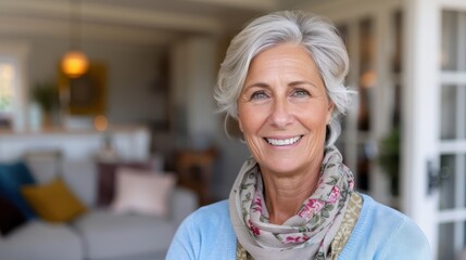 Wall Mural - An elegant woman with short grey hair, draped in a blue sweater and a patterned scarf, stands indoors exuding sophistication, warmth, and wisdom with a welcoming smile.