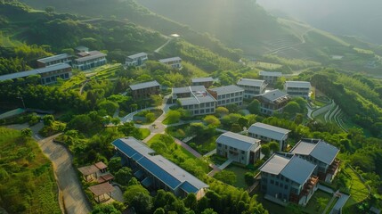 Wall Mural - Aerial views of school buildings nestled amidst green landscapes, promoting eco-friendly education.