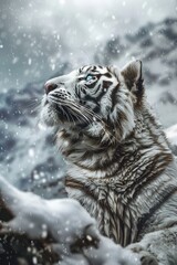 Canvas Print - An extreme low angle shot reveals a white tiger in the snowy mountains, its glowing blue eyes and fierce expression highlighted in a stunning fantasy photo.