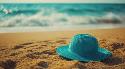 A blue straw hat is laying on the sand at the beach