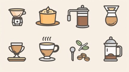 Wall Mural - A set of coffee icons including a cup, beans, a grinder, and a French press.