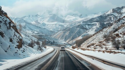 Wall Mural - A car is driving down a snowy road in the mountains