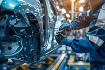 Wall Mural - Engineer Adjusting Car Chassis Components on Factory Assembly Line - Industrial Automotive Design