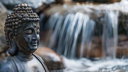 Wall Mural - Buddha statue with a serene smile, set against a backdrop of a gently flowing waterfall. 