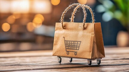 A stylish brown shopping bag with a cart design, set against a blurred background, symbolizing shopping and retail.