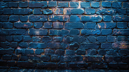 A blue brick wall with a light blue shadow on it. The wall is covered in blue paint and has a rough texture