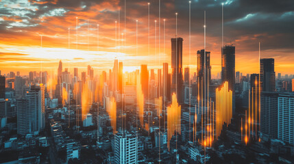 Wall Mural - Smart digital city with connection network that is at the cutting edge of innovation in technology and business with bright, modern skyscrapers. Backgrounds for technology and charts and graphs