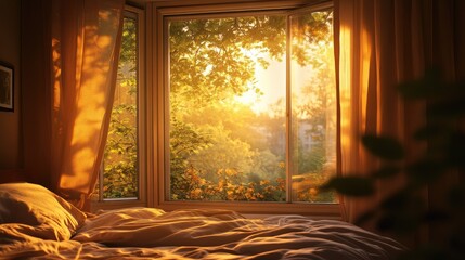 A peaceful sunrise view through a bedroom window, with the first light of day filling the room with warmth.