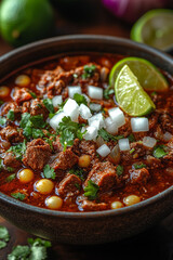 Wall Mural - authentic beef soup with tender beef, hominy, and a spicy red broth garnished with onions and cilantro