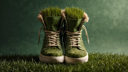 green eco-friendly sneakers covered in grass