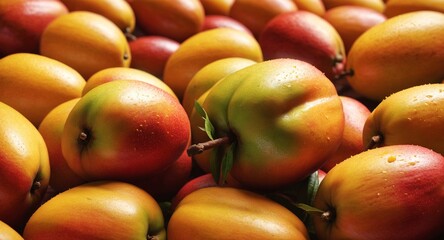 Fresh ripe mango fruits in pile, harvest season. Food background. Generative AI