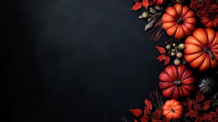 Wall Mural - A festive autumn scene with pumpkins, leaves and berries arranged along the right side of a black background. This image symbolizes the season of harvest, Thanksgiving, and the changing of the leaves.