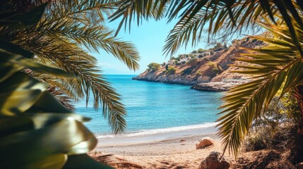 A beach with palm trees and a clear blue ocean