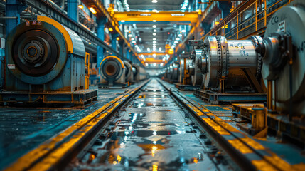 A large industrial building with a lot of machinery and equipment. The machinery is yellow and blue