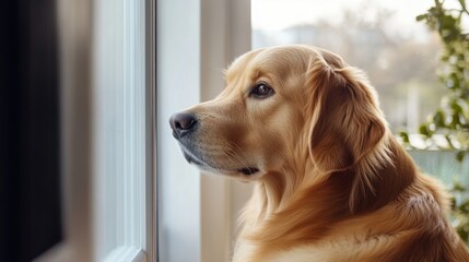 A dog retriever is looking out the window