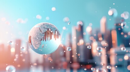 Canvas Print - A futuristic cityscape where buildings are integrated with a holographic globe, showcasing the seamless integration of technology and urban life.