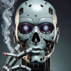 Ai robot head smoking a cigarette 