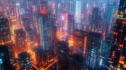 Canvas Print - A futuristic cityscape with tall skyscrapers lit up with neon lights, symbolizing urban development, technological advancement, modern architecture, and a vibrant nightlife.