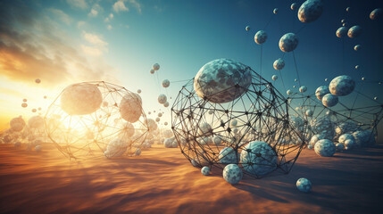 Poster - Abstract scfi-fi landscape with connected 3D balls and molecular grid structure. Futuristic surreal abstraction.