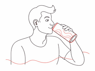 continuous single line drawing of man drinking from soda can, line art vector illustration
