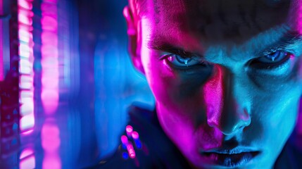 A striking close-up portrait of a fierce-looking man with intense blue eyes and vibrant neon lighting, creating a captivating atmosphere.