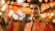 © Najikung - A stylish man in a traditional outfit smiles, adorned with festive lights in the background, creating a joyful atmosphere.