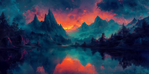 Wall Mural - highly detailed 8K Renaissance-style painting depicting a dramatic mountain landscape bathed in a vibrant sunset, with a glowing sky and reflective water.