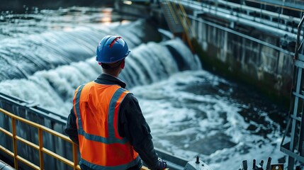 A worker observes water flow in an industrial setting, highlighting the importance of safety and maintenance in environmental management.