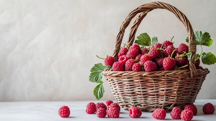 Wall Mural - A basket overflowing with freshly picked raspberries, set against light backdrop